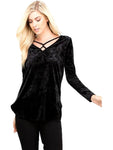 Curvy Long Sleeve Velvet Crisscross Tunic Top, Black