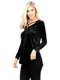 Curvy Long Sleeve Velvet Crisscross Tunic Top, Black
