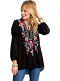 Curvy V-Neck Embroidery Top, Black