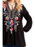 Curvy V-Neck Embroidery Top, Black