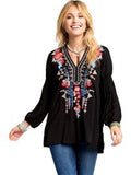 Curvy V-Neck Embroidery Top, Black