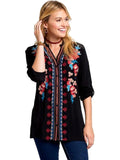 Embroidery Roll up Sleeve Top, Black