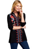 Embroidery Roll up Sleeve Top, Black