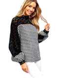 Gingham woven top with lace contrast, Black