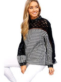 Gingham woven top with lace contrast, Black