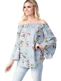 Floral Smocked Off Shoulder, Ruffled Sleeve Top, Blue