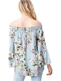 Floral Smocked Off Shoulder, Ruffled Sleeve Top, Blue