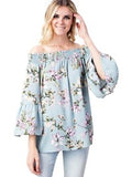 Floral Smocked Off Shoulder, Ruffled Sleeve Top, Blue