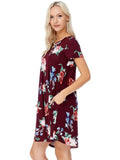 Floral Printed Short Sleeve Criss Cross Dress, Burgundy