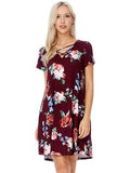 Floral Printed Short Sleeve Criss Cross Dress, Burgundy
