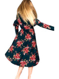 Girls Floral Print Elastic Waist Midi Dress with Side Pockets, Hunter