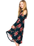 Girls Floral Print Elastic Waist Midi Dress with Side Pockets, Hunter