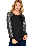 Long Sequin Sleeve French Terry Top, Charcoal