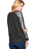 Long Sequin Sleeve French Terry Top, Charcoal