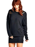 Long Sleeve Distressed French Terry Top, Black