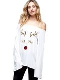 Long Sleeve Raw-Cut Edge Rudolph Face  Graphic Top, Off White