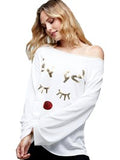 Long Sleeve Raw-Cut Edge Rudolph Face  Graphic Top, Off White
