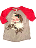 Long Sleeve Vintage Santa Holly & Jolly Raglan Tee, Red Multi
