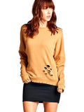 Long Sleeve Distressed French Terry Top, Dusty Mustard