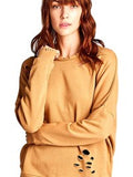 Long Sleeve Distressed French Terry Top, Dusty Mustard