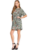 Loose fit, round neck, short sleeve raglan dress, Olive