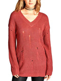 Long Sleeve Vneck Distressed Knit Sweater, Brick Pink