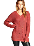 Long Sleeve Vneck Distressed Knit Sweater, Brick Pink