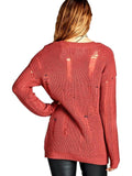Long Sleeve Vneck Distressed Knit Sweater, Brick Pink