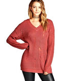 Long Sleeve Vneck Distressed Knit Sweater, Brick Pink