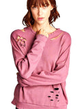 Long Sleeve Distressed French Terry Top, Dawn Pink