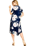 Mock Neck Floral Flared Midi Dress, Navy