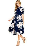 Mock Neck Floral Flared Midi Dress, Navy