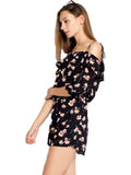 Off Shoulder Floral Romper, Black