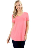 Short Sleeve Round Hem V-Neck Top, Rose Pink