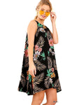 Sleeveless Floral Shift Dress with VNeck Back and Drawstring Tie, Black Multi