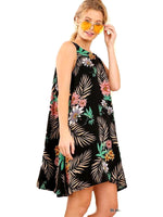 Sleeveless Floral Shift Dress with VNeck Back and Drawstring Tie, Black Multi