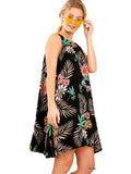 Sleeveless Floral Shift Dress with VNeck Back and Drawstring Tie, Black Multi