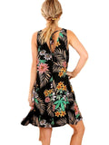 Sleeveless Floral Shift Dress with VNeck Back and Drawstring Tie, Black Multi