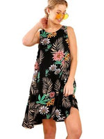 Sleeveless Floral Shift Dress with VNeck Back and Drawstring Tie, Black Multi