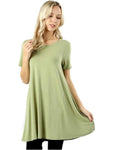 Short Sleeve Long line Flared Straight Hem Tunic with Side Pockets Top, Sage