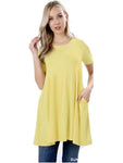 Short Sleeve Long line Flared Straight Hem Tunic with Side Pockets Top, Sunshine