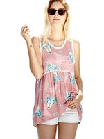 Sleeveless Bull head printed lace detail bamboo style casual top, Mauve