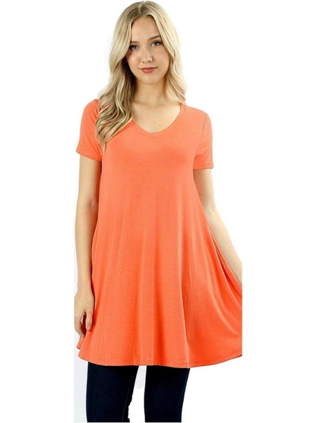 Short Sleeve V-Neck Long line Flared Straight Hem Tunic with Side Pockets Top, Deep Coral