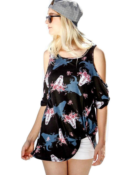 Shoulder cutout with front tie detail bullhead print casual top, Black