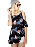 Shoulder cutout with front tie detail bullhead print casual top, Black