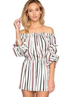 Striped Off Shoulder Romper, Off White