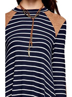 Striped Long Sleeve with Suede Elbow Patch, Navy