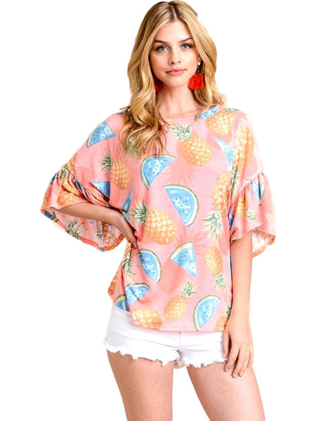 Watermelon with pineapple Ruffled Sleeve Top, Coral