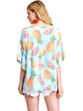 Watermelon with pineapple Ruffled Sleeve Top, Light Blue