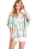 Watermelon with pineapple Ruffled Sleeve Top, Light Blue